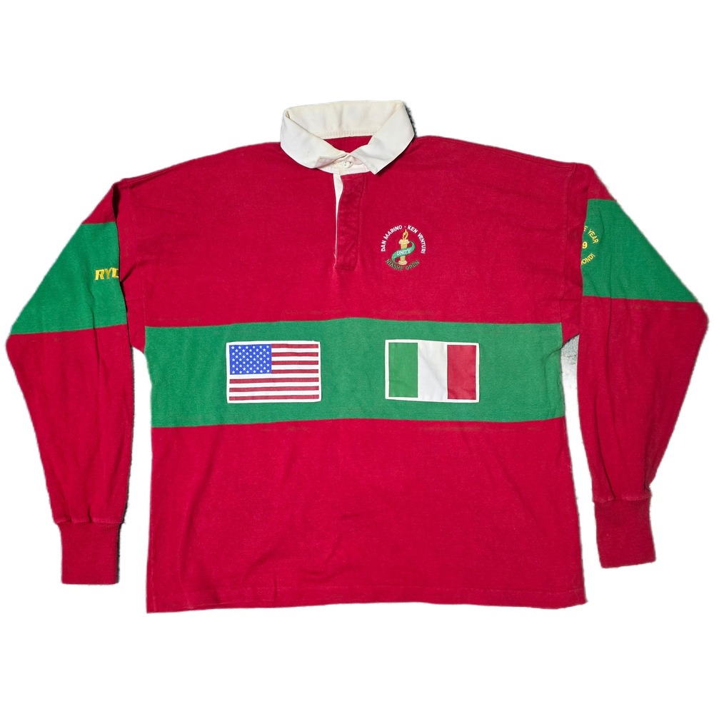 Vintage Rugby Shirt Mens Multicolor Flagsβ Long Sleeve Embroidered Casual (K)